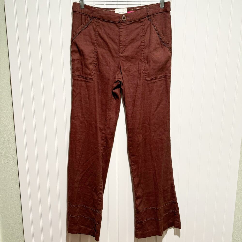 Anthropologie Elevenses Brown Linen Wide Leg Pants Size 12 - Picture 2 of 7